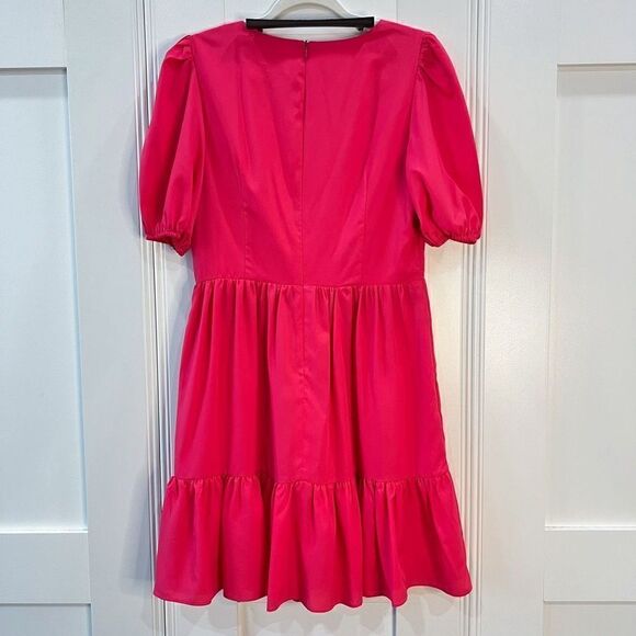 Eliza J Women 10 Hot Pink Surplice Neck Puff Sleeve Fit Flare Mini Dress Pockets - Picture 7 of 13